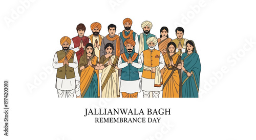 A vector illustration shows a group of people dressed in traditional Indian clothing, paying tribute to the martyrs on Jallianwala Bagh Remembrance Day, set against a clean white background