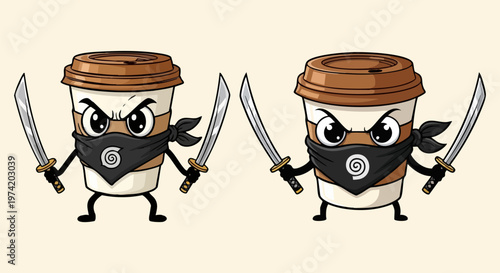 Ninja coffee cup cartoon character vector, angry espresso warrior with katana swords, fierce caffeine mascot for cafe branding and apparel