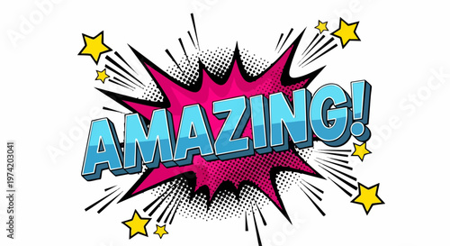 Retro comic book speech bubble with Amazing text, vintage pop art explosion vector, colorful halftone burst with stars for marketing and social media