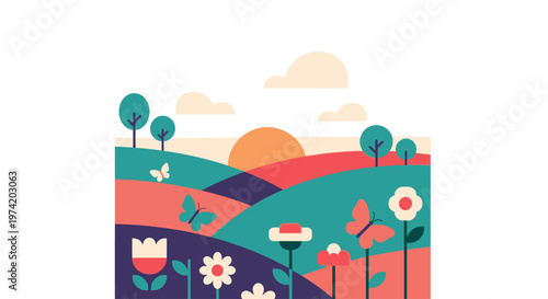Colorful landscape with trees flowers and a rising sun on transparent background silhouette
