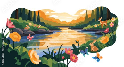 Peaceful forest landscape with deer and flowers on transparent background silhouette