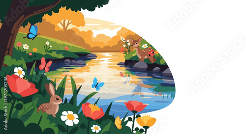 Peaceful forest scene with deer rabbits and butterflies on transparent background silhouette