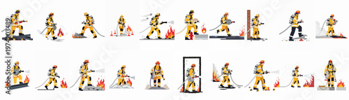 Collection of eighteen flat vector illustrations depicting firefighters in various action poses, using hoses and specialized equipment to combat fires and perform rescues.