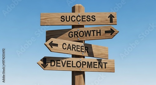 Wooden signpost with success career growth.
