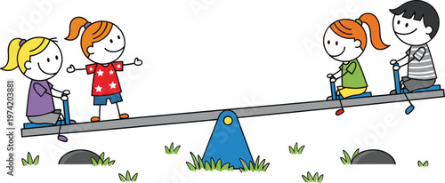 Happy kids playing on seesaw playground equipment outdoor childhood activity cartoon vector illustration