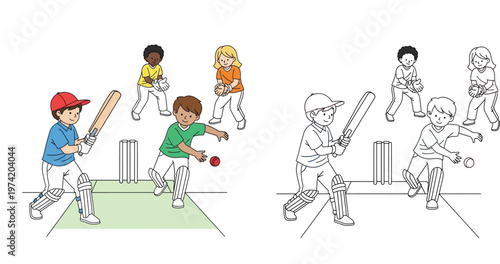 Diverse kids playing cricket cartoon vector illustration. Color and black and white line art outline for coloring book page.