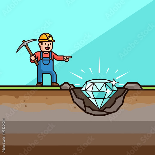 Miner finds giant diamond in hole, pointing excitedly