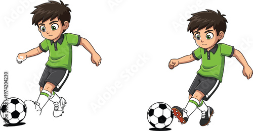 Boy playing soccer with football in different kicking poses cartoon kids sports vector illustration set