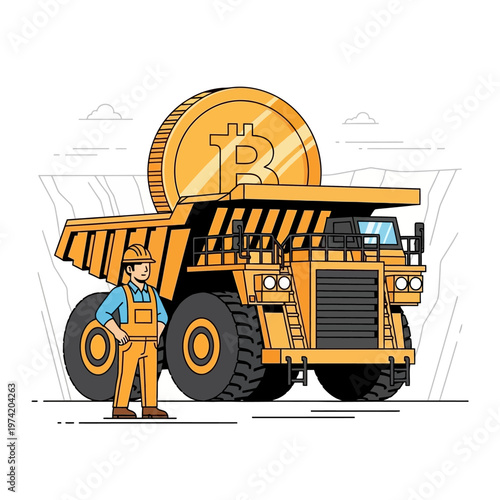 Bitcoin Mining: Miner with Truck and Golden Coin in Quarry