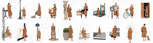 A comprehensive collection of flat illustrations featuring a woman in a stylish trench coat engaged in various Parisian lifestyle activities during autumn.