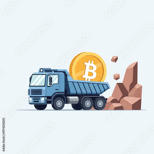 Bitcoin mining truck carrying large coin and rocks, cryptocurrency concept