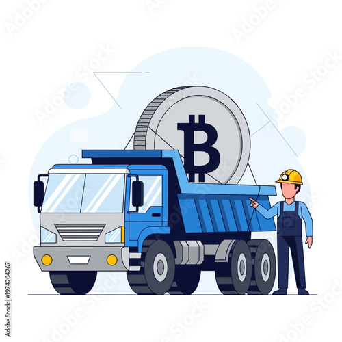 Bitcoin mining truck carrying large coin, miner points to it