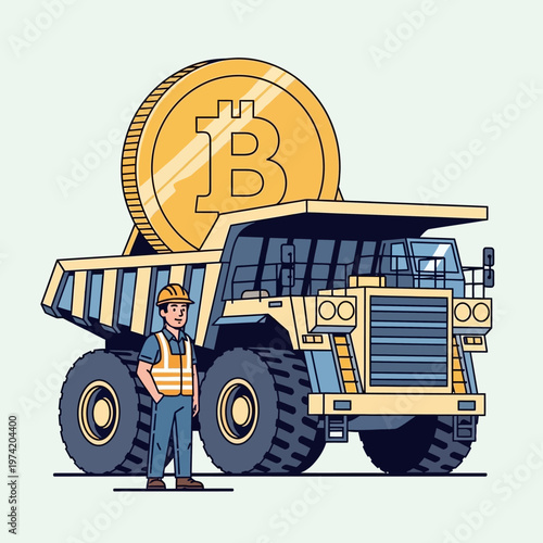Bitcoin Mining Truck with Worker, Cryptocurrency Concept