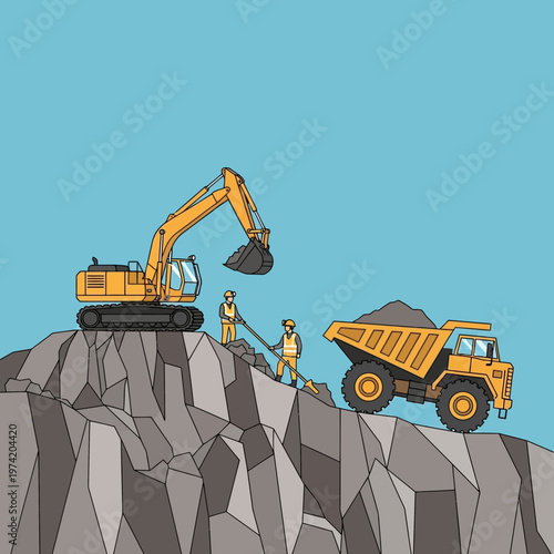 Construction site with excavator and dump truck mining rocks