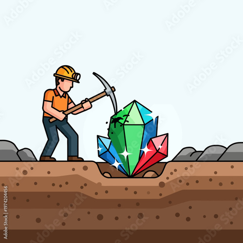 Miner digging for precious gems and crystals in a mine pit, illustration