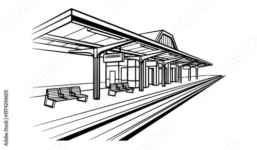 Modern train platform line art with station building perspective black and white vector for transport design
