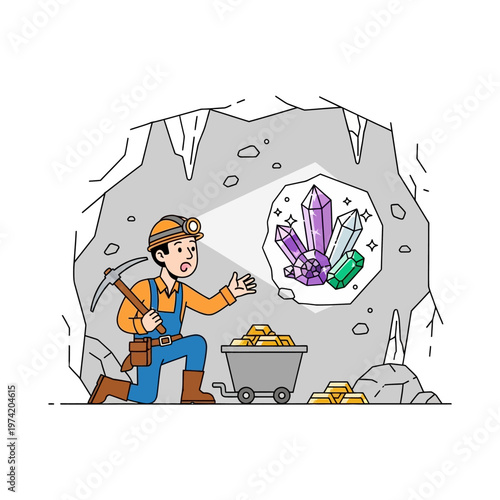 Miner discovers glowing crystals and gold in cave, mining adventure concept