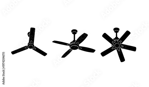 Modern ceiling fan silhouettes set three black icon designs for home appliance and interior ventilation vector