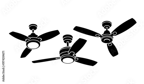 Dynamic ceiling fan silhouettes black vector icons modern airflow appliance set isolated on white