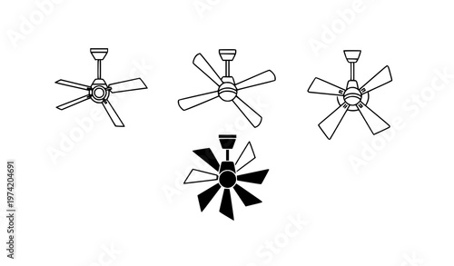 Minimal geometric ceiling fan icons black silhouette and line vector set for ventilation and home design