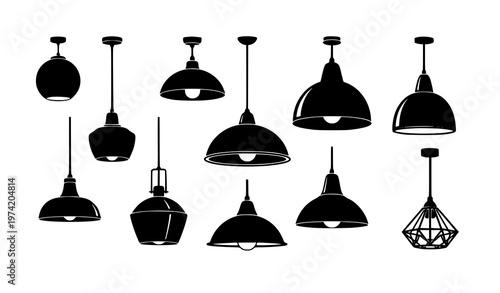 Pendant light fixtures silhouettes vector set black minimalist lamps collection for interior design