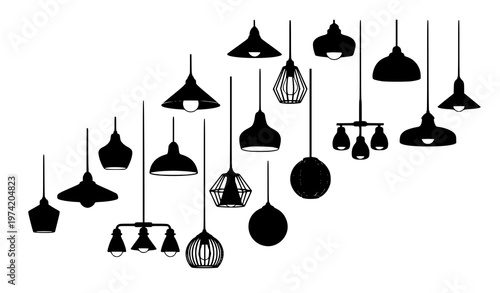 Modern pendant light silhouettes black vector icons diverse ceiling lamps for interior decoration