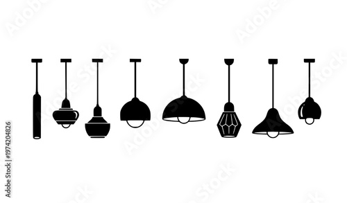 Minimal geometric pendant light silhouettes black vector row for ceiling lamp and interior design icons