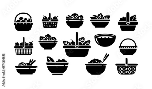 Dynamic black bowls and baskets silhouettes vector set diverse kitchenware icons for food design