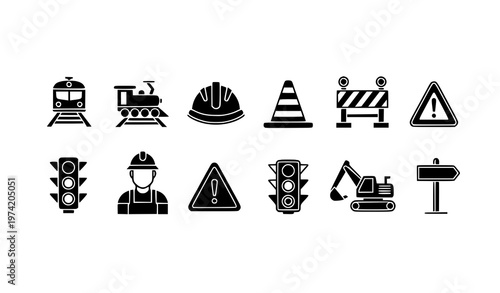 Minimal railway construction and traffic safety icons row black silhouette vector for transport and warning design
