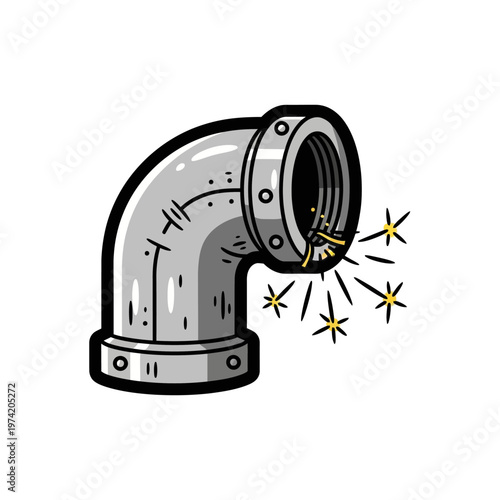 Leaking pipe with sparks, plumbing problem, industrial metal elbow joint, water leak, repair needed