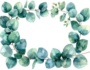 Watercolor eucalyptus leaves create a delicate, rectangular border