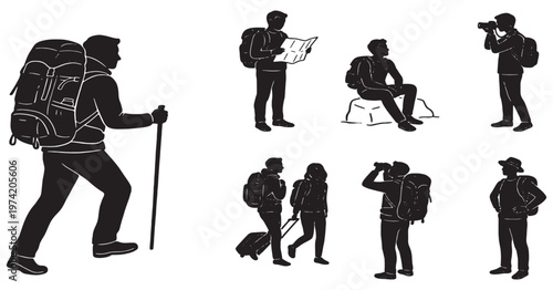 Collection of Silhouettes Representing Travelers and Hikers Engaged in Various Activities.