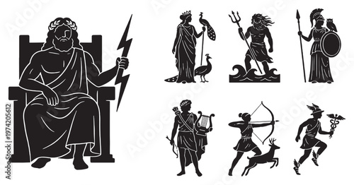 Collection of ancient Greek mythological gods and goddesses depicted in silhouette style.
