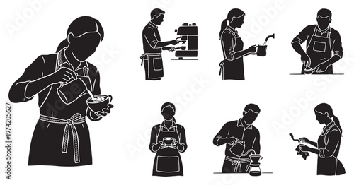 Collection of Silhouettes Illustrating Barista Skills and Coffee Preparation Techniques.