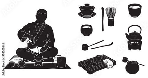 Silhouette of a person performing a traditional Japanese tea ceremony with various utensils.