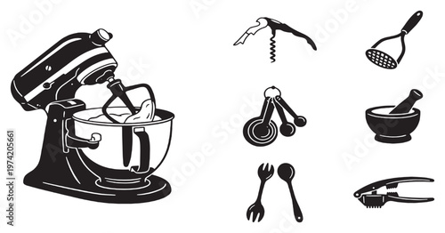 Collection of kitchen utensils and appliances, including a stand mixer, corkscrew, masher, measuring spoons, mortar and pestle, fork, spoon, and garlic press.