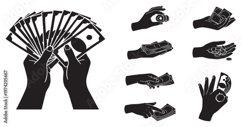 Collection of Silhouette Icons Depicting Hands Holding and Counting Money.