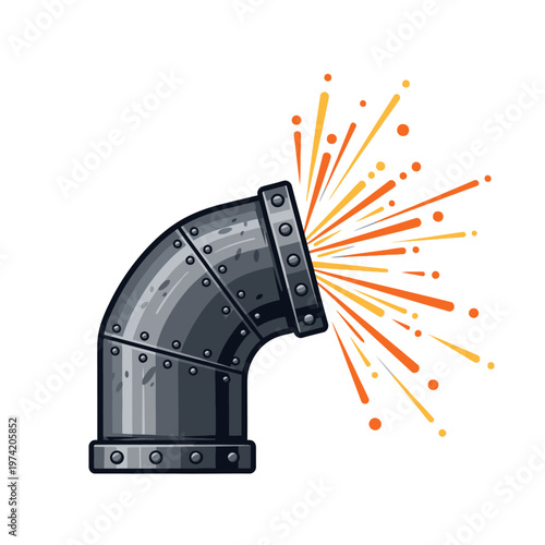 Industrial pipe with sparks exploding from outlet, metal elbow pipe, industrial equipment, energy, power, motion