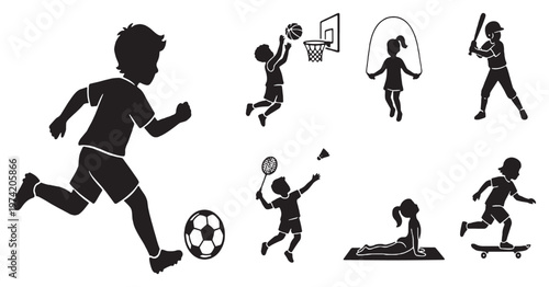 Collection of Silhouettes Representing Various Sports and Recreational Activities for Children.