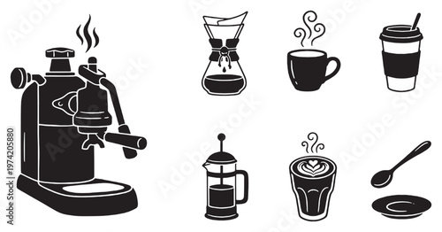 Collection of coffee brewing methods and accessories, illustrated in a simple black and white silhouette style.