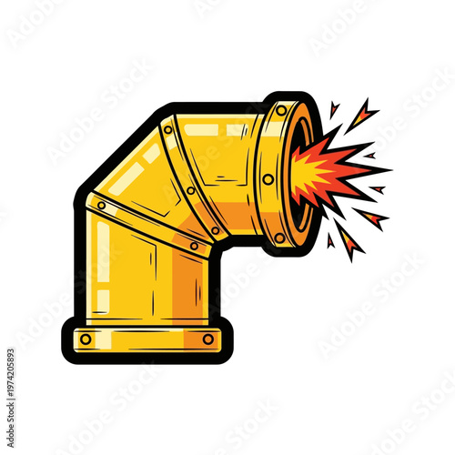 Golden pipe elbow with explosive fire burst, industrial plumbing concept