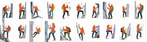 Set of eighteen vector illustrations of diverse mountain climbers wearing gear and scaling various rock walls, isolated on a white background.