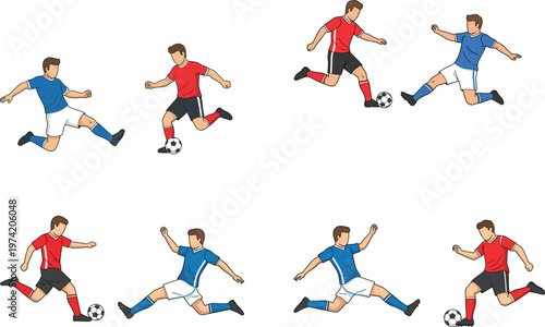 Soccer football players in action kicking ball collection for sports competition team game and athletic performance
