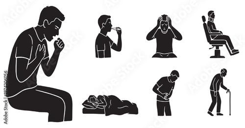 Collection of black and white icons depicting various health conditions and symptoms experienced by people of different ages.