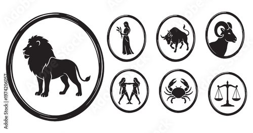 Collection of Zodiac Signs Silhouettes in Circles, Including Leo, Virgo, Taurus, Aries, Gemini, Cancer, and Libra.
