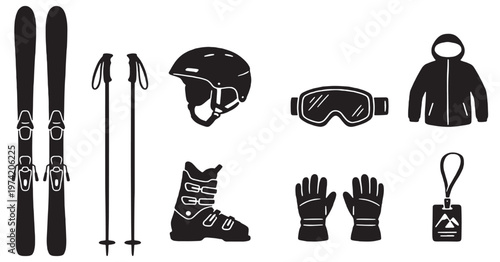 Collection of black silhouette icons representing winter ski equipment for outdoor sports.