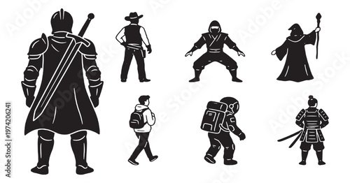 Collection of diverse character silhouettes including a knight, cowboy, ninja, wizard, hiker, astronaut, and samurai.
