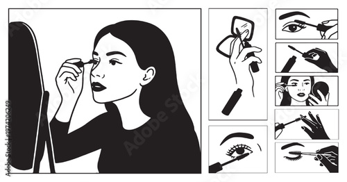 Woman applying mascara in front of a mirror, with step-by-step illustrations showing the process of applying eye makeup.