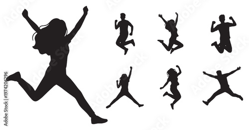 Collection of diverse people silhouettes jumping and celebrating with arms raised in joy and excitement.