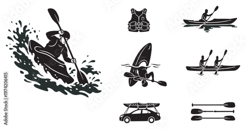 Collection of black and white vector illustrations depicting various aspects of kayaking and canoeing activities.